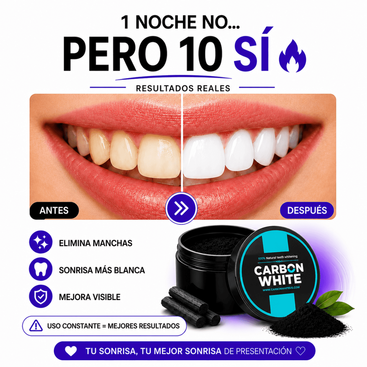 CARBON WHITE - Polvo Blanqueador Dental 100% Natural