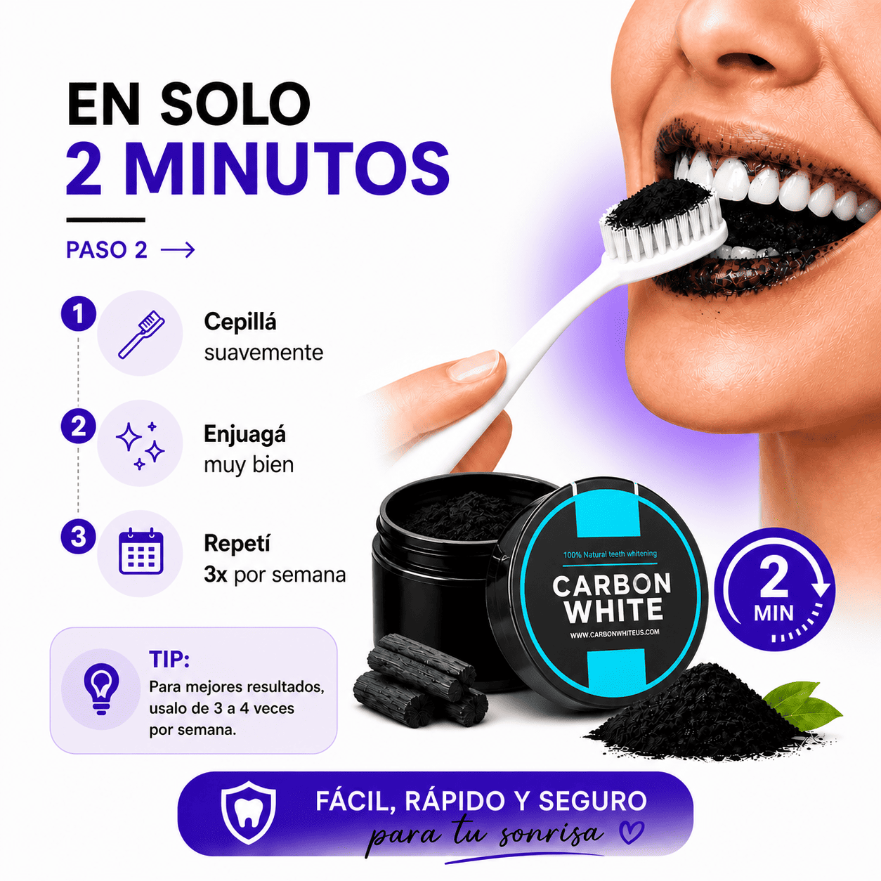 CARBON WHITE - Polvo Blanqueador Dental 100% Natural