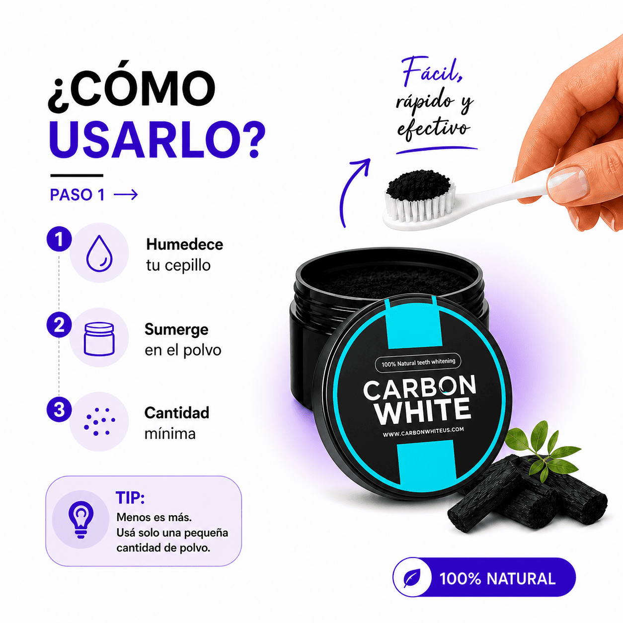 CARBON WHITE - Polvo Blanqueador Dental 100% Natural